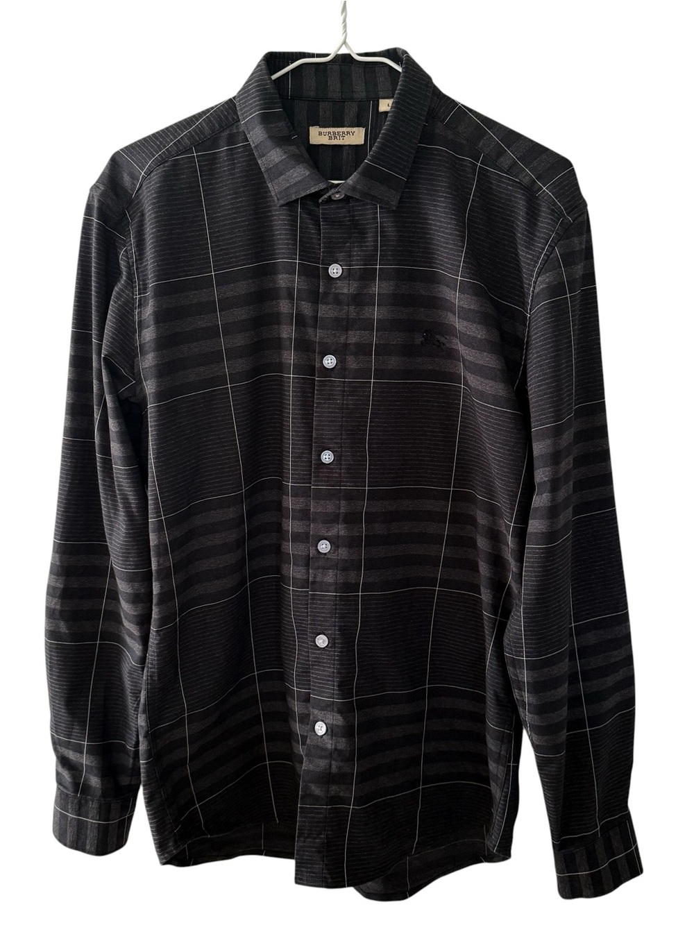 Burberry Brit Mens Large Black Grey Windowpane Plaid Long Sleeve Button-Up Shirt